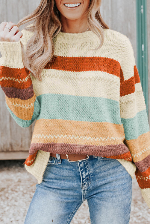 Crew Neck Drop-shoulder Striped Color Block Sweater – Four13 Boutique