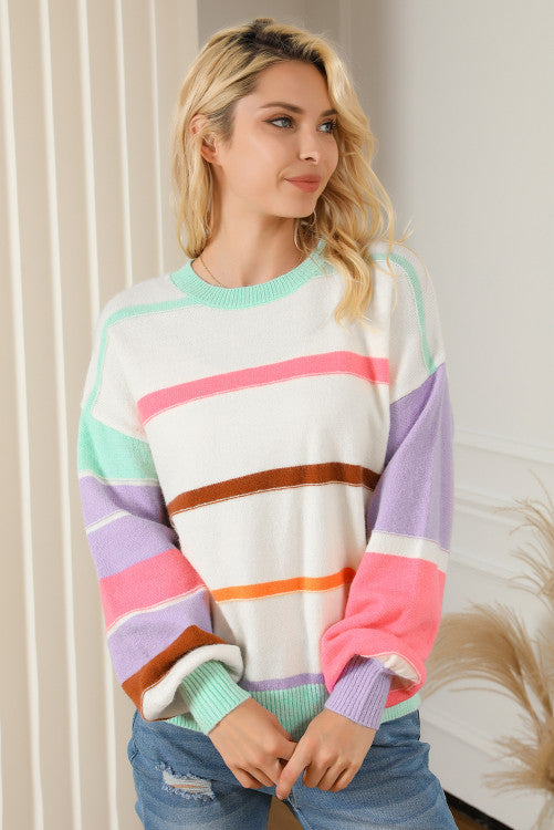 Multicolor Striped Colorblock Drop Shoulder Sweater