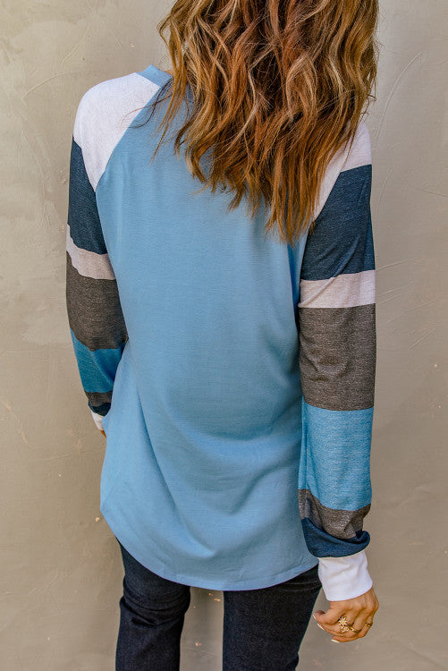 Color Block Long Sleeves Blue Pullover Top