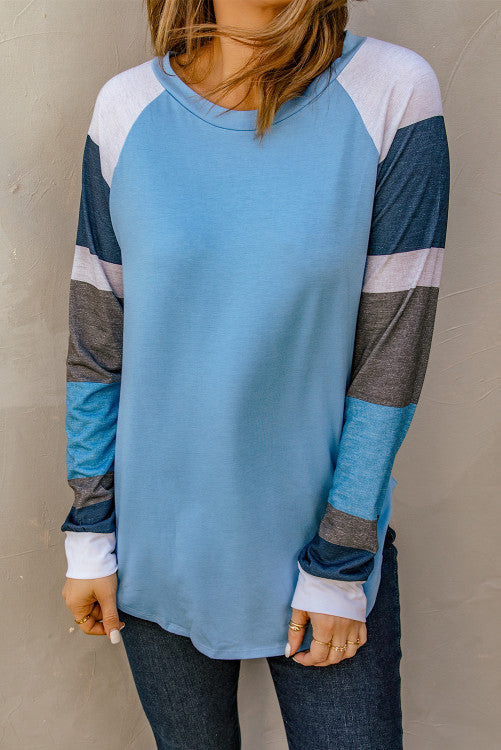 Color Block Long Sleeves Blue Pullover Top