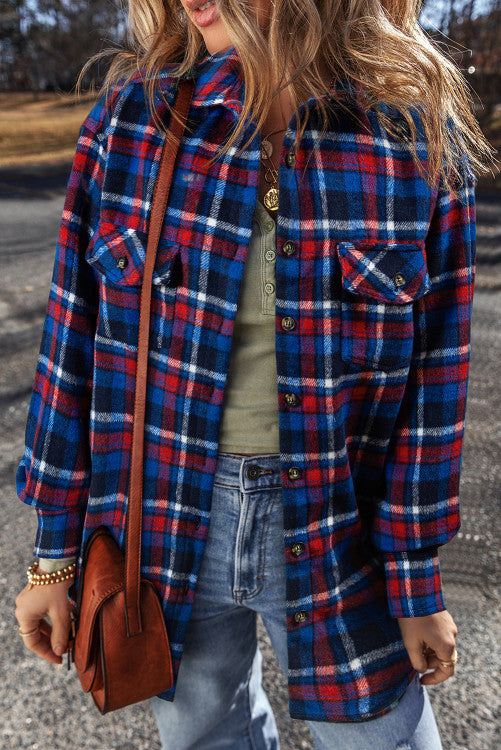 ⭐️ NEW Navy Blue Plaid Flap Pocket Button Up Shacket