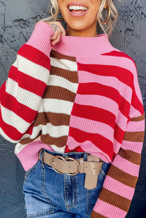 ⭐️NEW Pink Stripe Color Block High Neck Drop Shoulder Loose Sweater