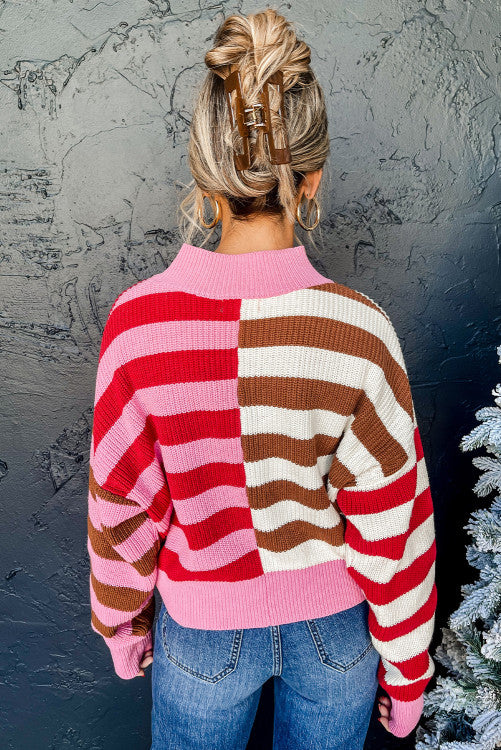 ⭐️NEW Pink Stripe Color Block High Neck Drop Shoulder Loose Sweater