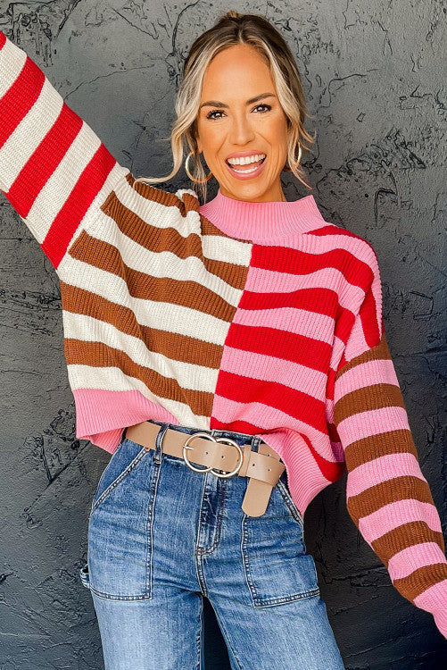 ⭐️NEW Pink Stripe Color Block High Neck Drop Shoulder Loose Sweater