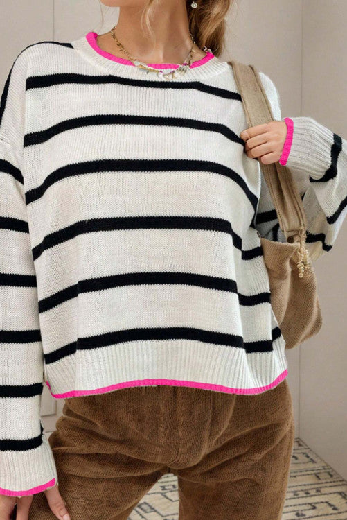 ⭐️ NEW White Stripe Color Contrast Drop Shoulder Crew Neck Sweater