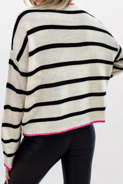 ⭐️ NEW White Stripe Color Contrast Drop Shoulder Crew Neck Sweater