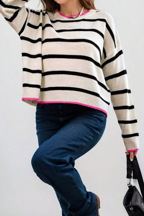 ⭐️ NEW White Stripe Color Contrast Drop Shoulder Crew Neck Sweater