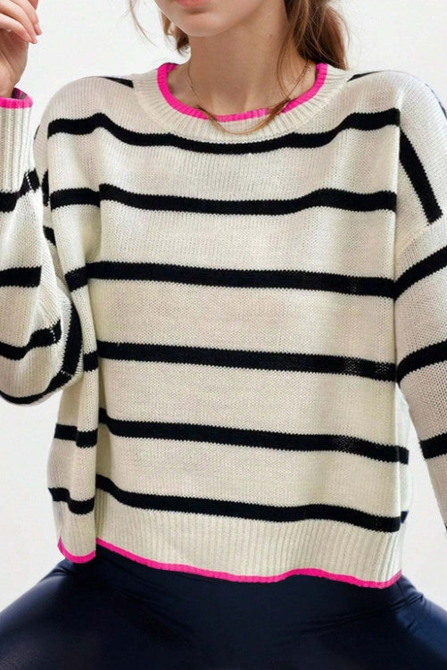 ⭐️ NEW White Stripe Color Contrast Drop Shoulder Crew Neck Sweater