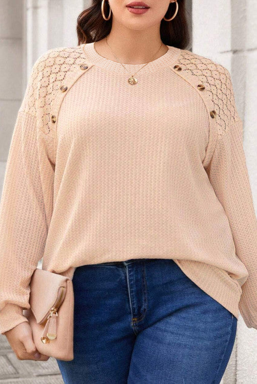 ⭐️ NEW Beige Plus Size Lace Patchwork Buttons Waffle Knit Top