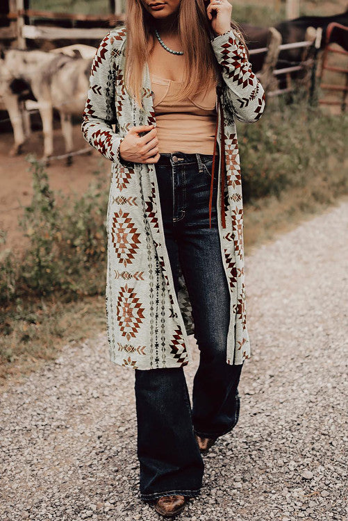 ⭐️ NEW Brown Western Aztec Printed Open Front Long Cardigan