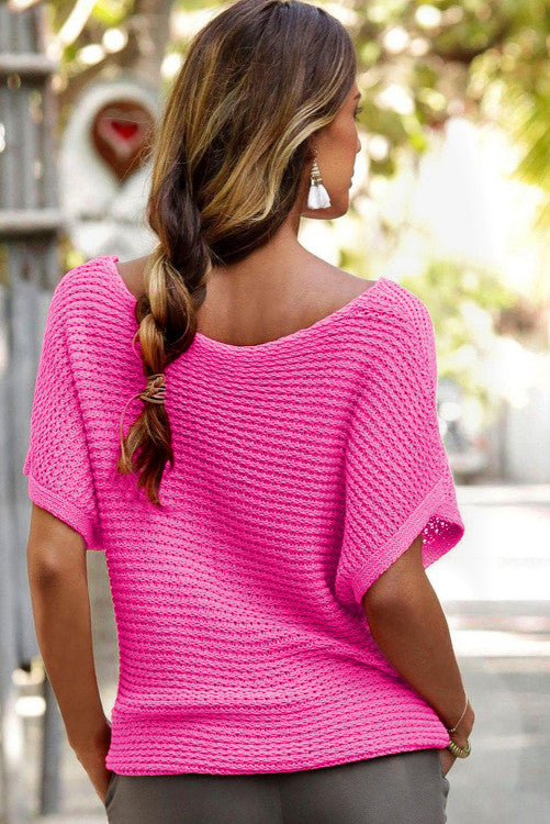 Pink Solid Loose Knit Short Dolman Sleeve Sweater