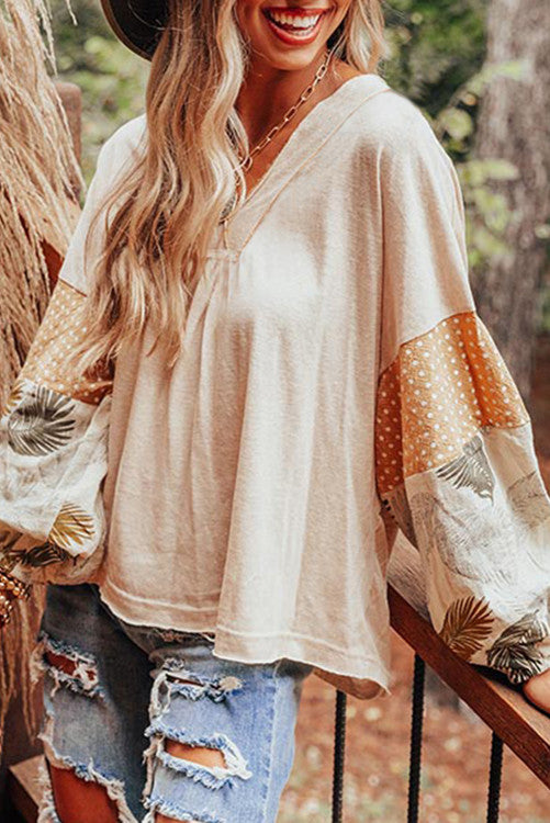 ⭐️ NEW Jet Stream Palm Leaves Polka Dot Puff Sleeve Patchwork V Neck Loose Blouse