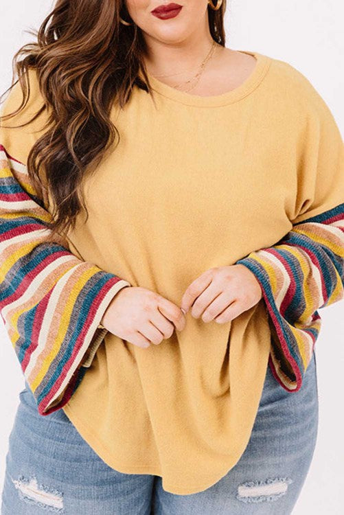 Yellow Striped Bell Sleeve Plus Size top