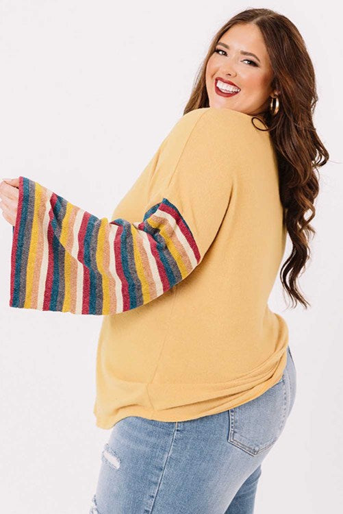 Yellow Striped Bell Sleeve Plus Size top