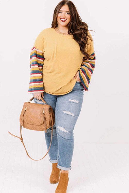 Yellow Striped Bell Sleeve Plus Size top