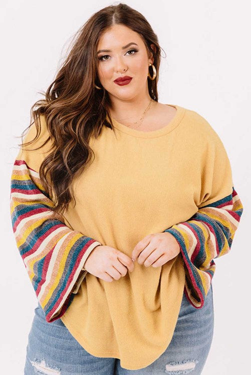 Yellow Striped Bell Sleeve Plus Size top