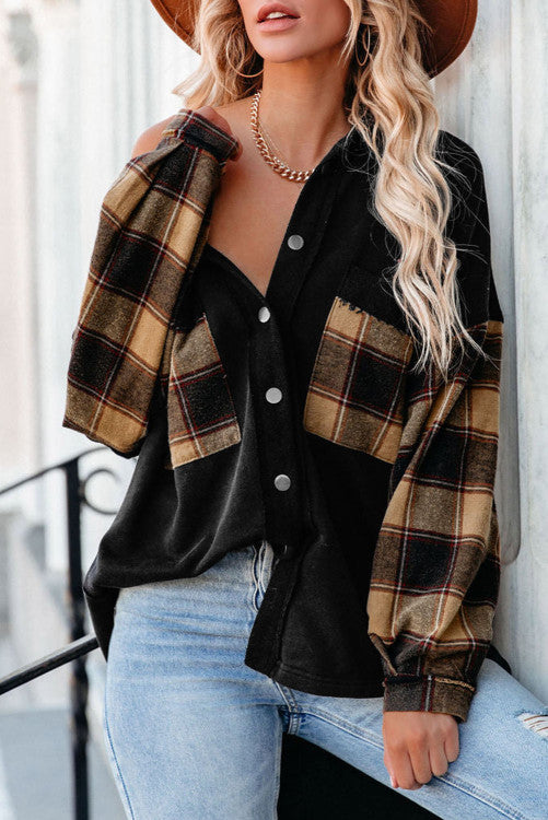 Black Plaid Patchwork  Oversized Shirt Jacket