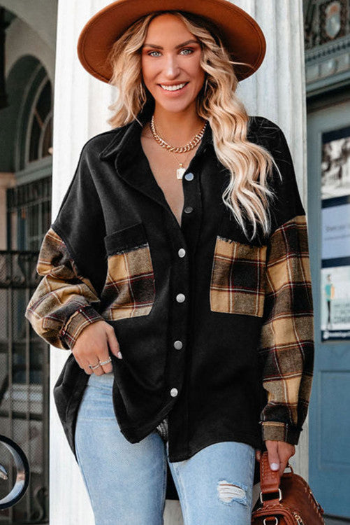 Black Plaid Patchwork  Oversized Shirt Jacket