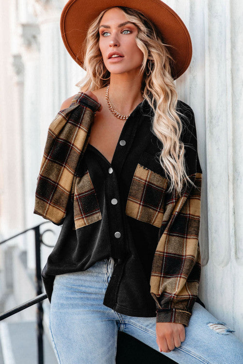 Black Plaid Patchwork  Oversized Shirt Jacket