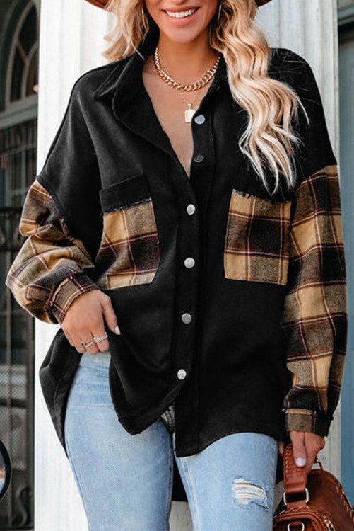 Black Plaid Patchwork  Oversized Shirt Jacket