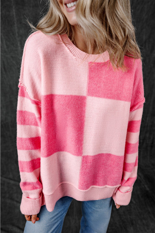 ⭐️ Pink Checkered Colorblock Striped High Low Loose Sweater