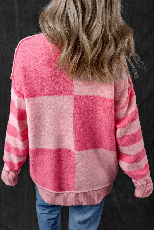 ⭐️ Pink Checkered Colorblock Striped High Low Loose Sweater