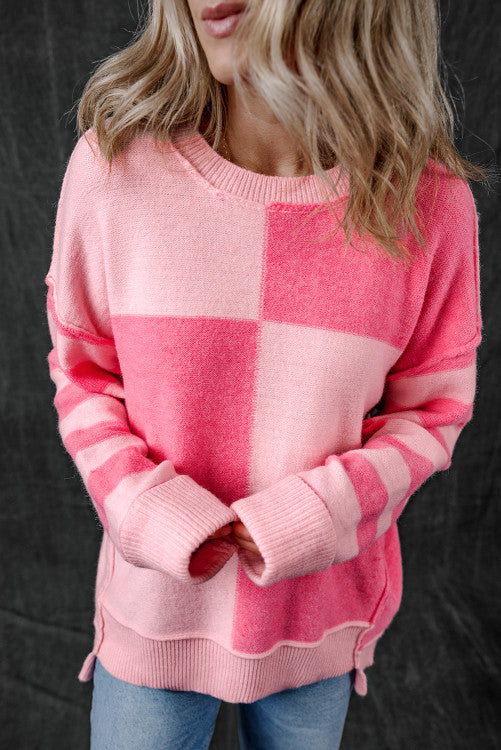 ⭐️ Pink Checkered Colorblock Striped High Low Loose Sweater