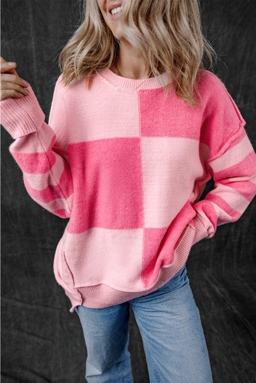 ⭐️ Pink Checkered Colorblock Striped High Low Loose Sweater