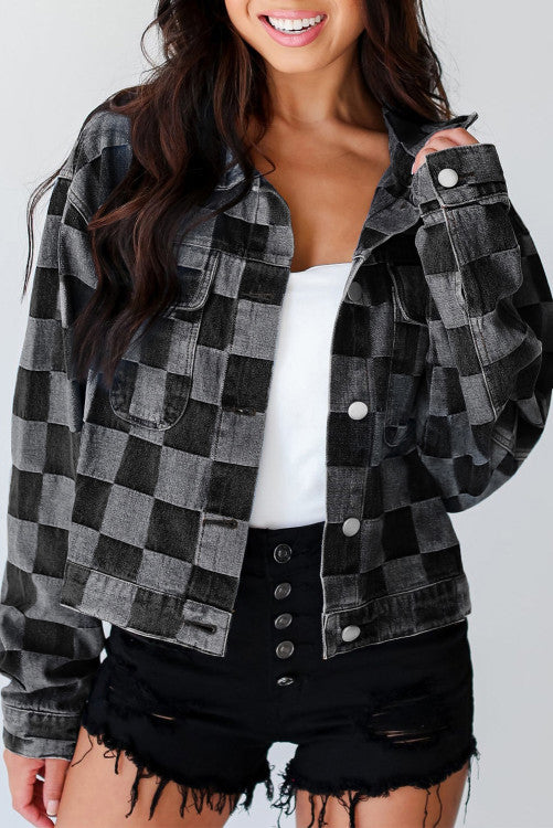 ⭐️ NEW Black Checkered Patchwork Button up Denim Jacket