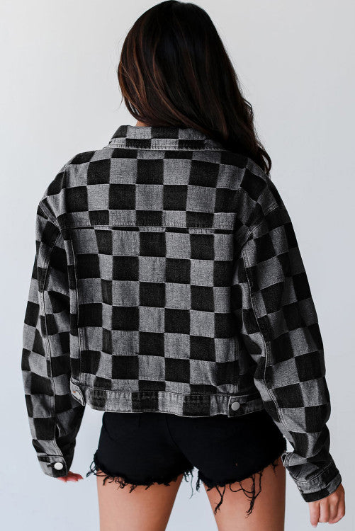 ⭐️ NEW Black Checkered Patchwork Button up Denim Jacket