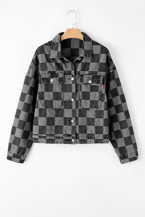 ⭐️ NEW Black Checkered Patchwork Button up Denim Jacket