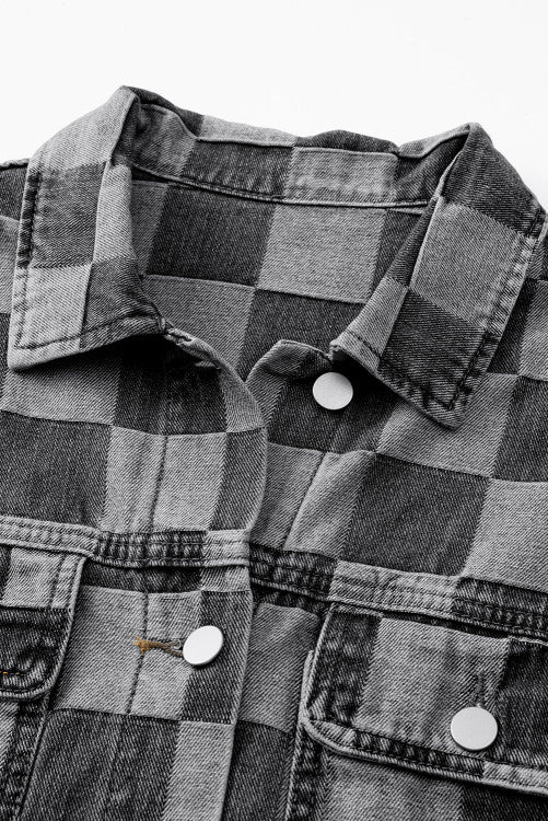 ⭐️ NEW Black Checkered Patchwork Button up Denim Jacket