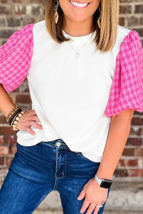 White Contrast Puff Sleeve Top