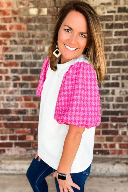 White Contrast Puff Sleeve Top