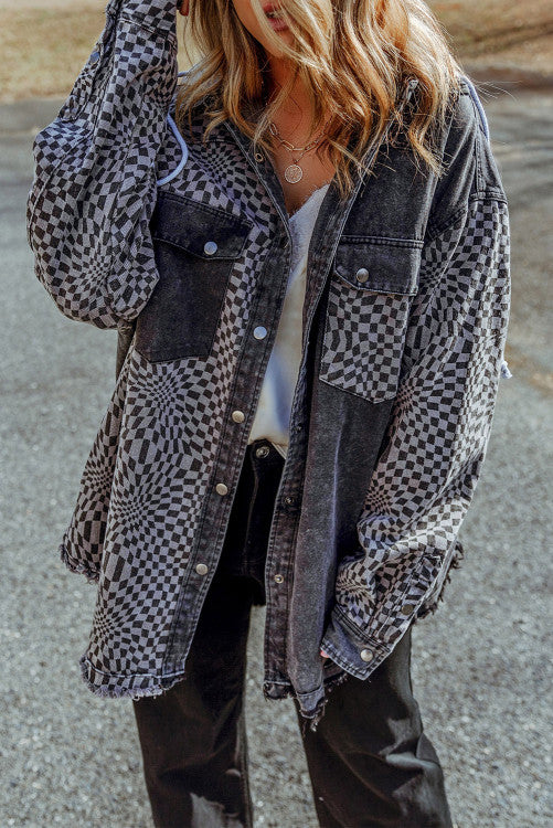 💥 BACK BY DEMAND 💥Gray Checked Patchwork Frayed Hem Hooded Denim Shacket