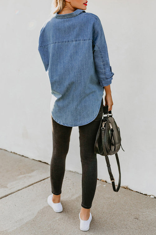 Turn Down Collar Buttoned Long Sleeve Denim Shirt