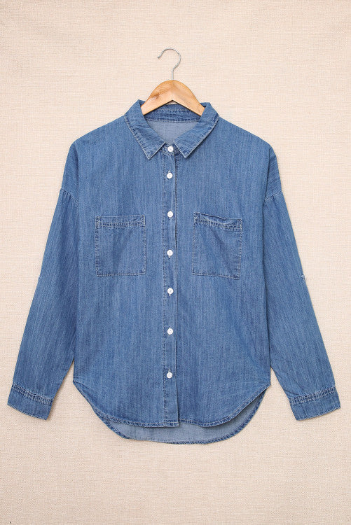 Turn Down Collar Buttoned Long Sleeve Denim Shirt