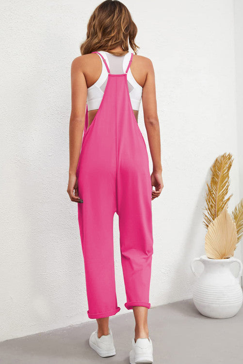 Rose Red  Pocketed Adjustable Spaghetti Strap Straight Leg Jumpsuit