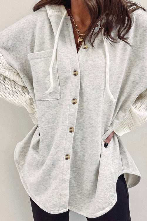 Gray Button Up Contrast Hooded Jacket