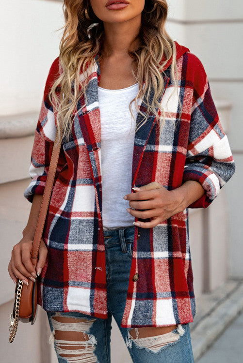 Red Hooded Plaid Button Front Shacket