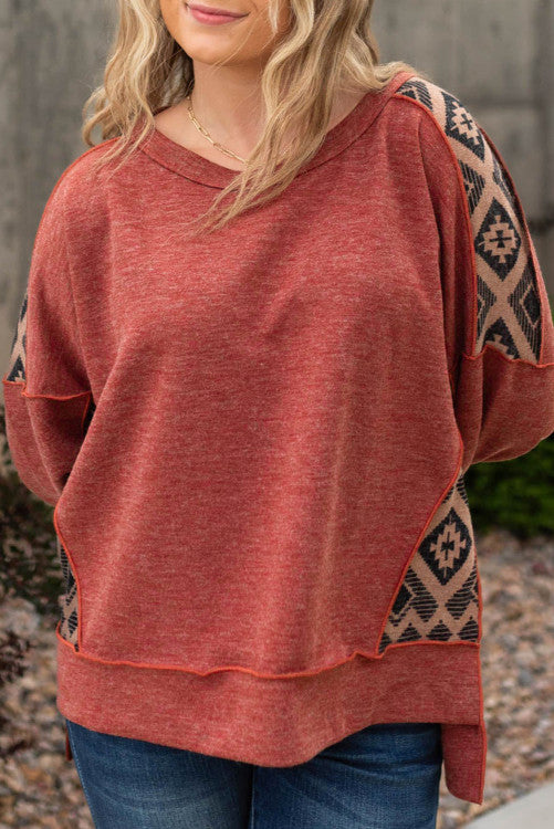 ⭐️ NEW Redwood Burl Aztec Patchwork Drop Shoulder Plus Size High Low Sweatshirt