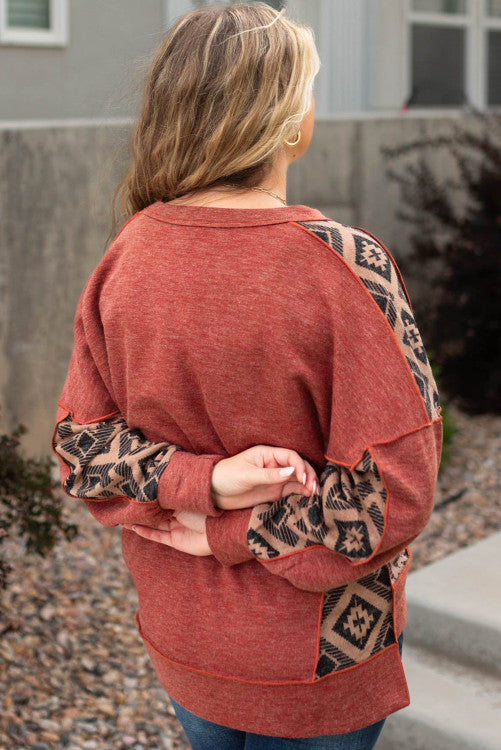 ⭐️ NEW Redwood Burl Aztec Patchwork Drop Shoulder Plus Size High Low Sweatshirt