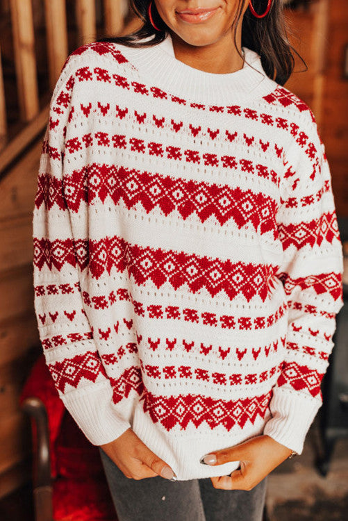 ⭐️ NEW White Western Geometric Patterned Crew Neck Loose Sweater