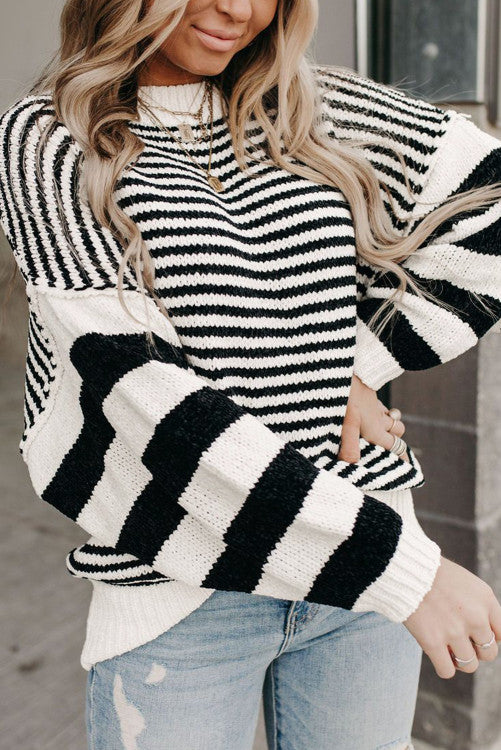 ⭐️ NEW Black white Striped Drop Shoulder Bishop Sleeve Knit Sweater