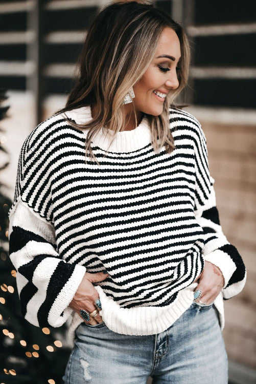 ⭐️ NEW Black white Striped Drop Shoulder Bishop Sleeve Knit Sweater