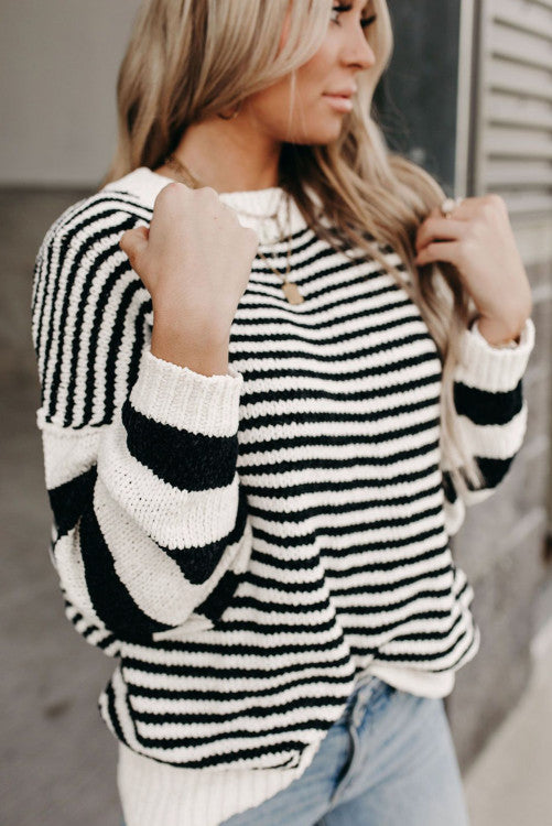 ⭐️ NEW Black white Striped Drop Shoulder Bishop Sleeve Knit Sweater