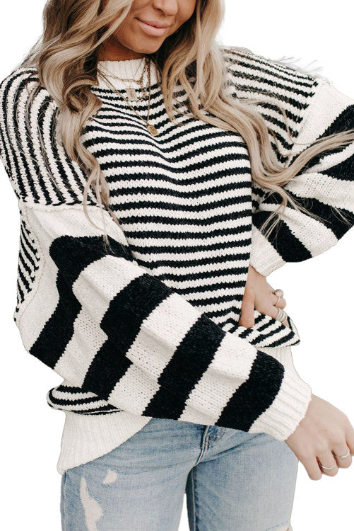 ⭐️ NEW Black white Striped Drop Shoulder Bishop Sleeve Knit Sweater