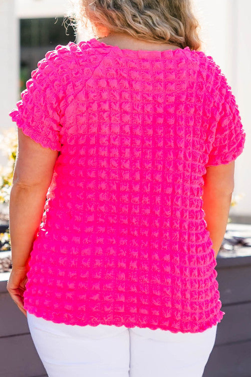 Strawberry Pink Bubble Textured Square Neck Short Sleeve Plus Size Top