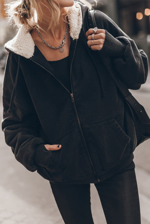 Black Sherpa Hooded Zip Up Sweatshirt