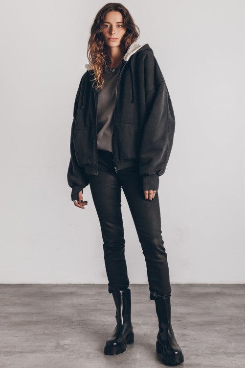 Black Sherpa Hooded Zip Up Sweatshirt